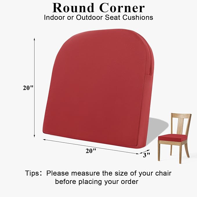 Topotdor Outdoor Chair Cushions for Patio Furniture,Waterproof Patio Chair Cushions Set of 2,Indoor/Outdoor Round Corner Chair Seat Cushion with Ties,20"x20"x3" Red