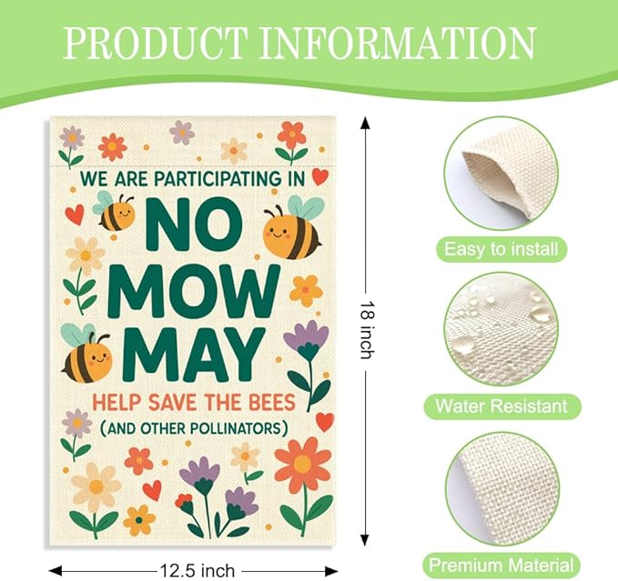 We are Participating in No Mow May Help Save the Bees Garden Flag, 12 x 18 Inch Double Sided Bee Floral Outdoor Yard Decor, Save The Bees Yard Sign for Beekeeper Pollinator Advocate Gardener