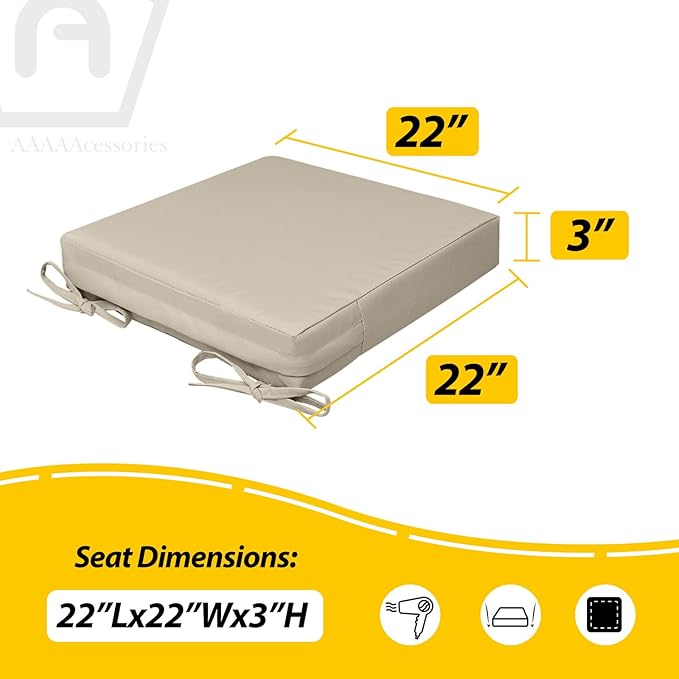 AAAAAcessories Outdoor Seat Cushions for Chairs, Waterproof, Fade-Resistant, 22" x 22" x 3", Patio Furniture Replacement Cushions, Set of 2, Beige
