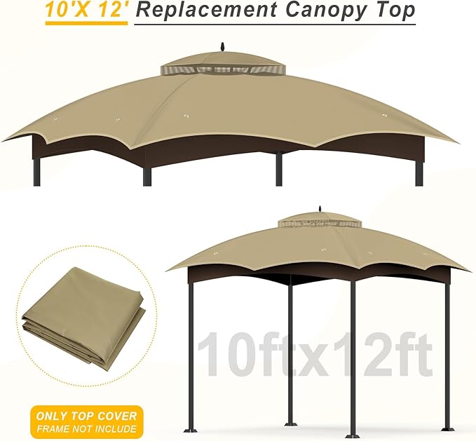Replacement Gazebo Canopy Top Cover for 10 x 12, Double Tiered Waterproof Canopy Roof for Lowe's Allen Roth Gazebo #GF-12S004B-1 (Khaki)