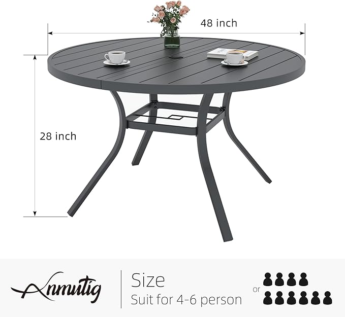 Anmutig 4-6 Person 48" Patio Round Table with Adjustable Umbrella Hole for Outdoor 4ft Black Metal Dining Table, All Weather