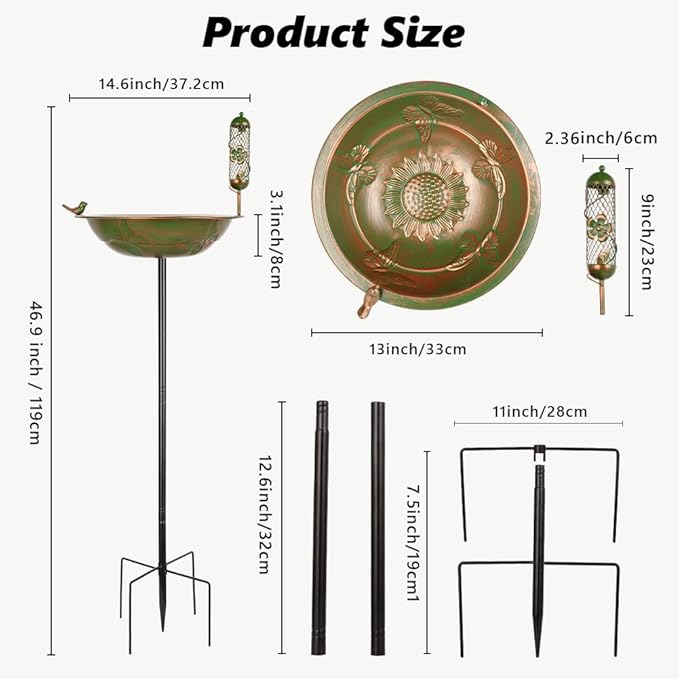 VEWOGARDEN 47 Inch Standing Metal Bird Bath Stake with Birdfeeder, Outdoor Garden Birdbath for Outside Patio, Yard, Lawn Decor