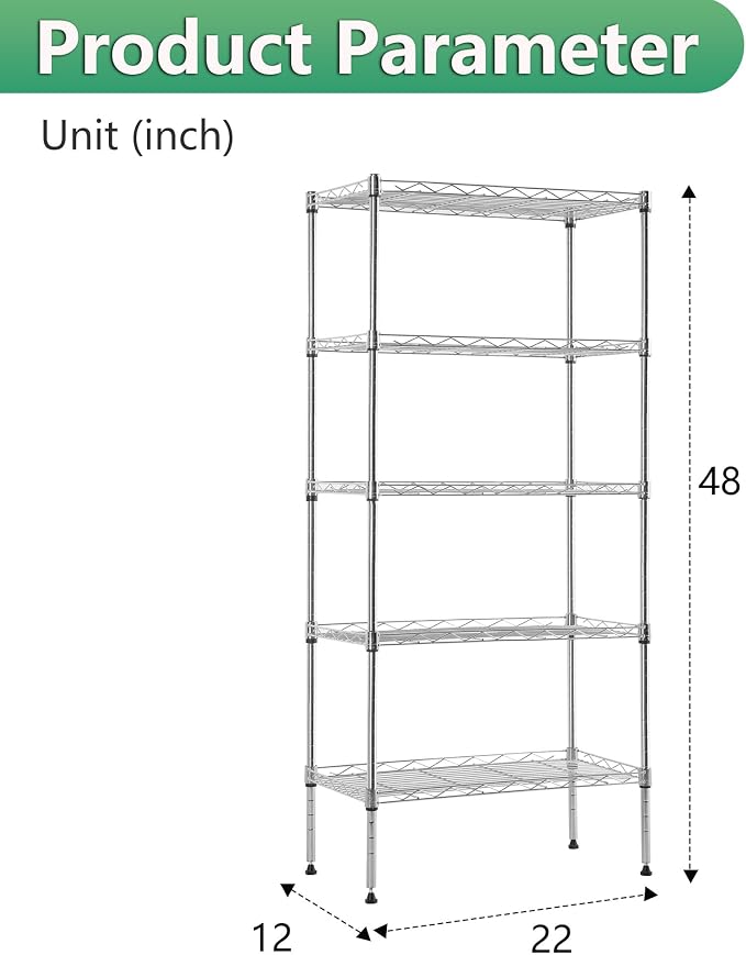 BestOffice | 5-Tier Wire Shelf | 22" x 12" x 48" | Chrome