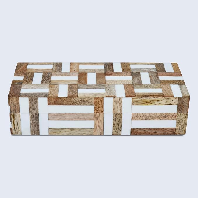 Handicrafts Home White Decorative Storage Box with Lid Wooden Coffee Table Storage Box Decorative Organizer for Living Room Decor – Resin Inlay Marquet Chase Collection - 10x4.5x2.5