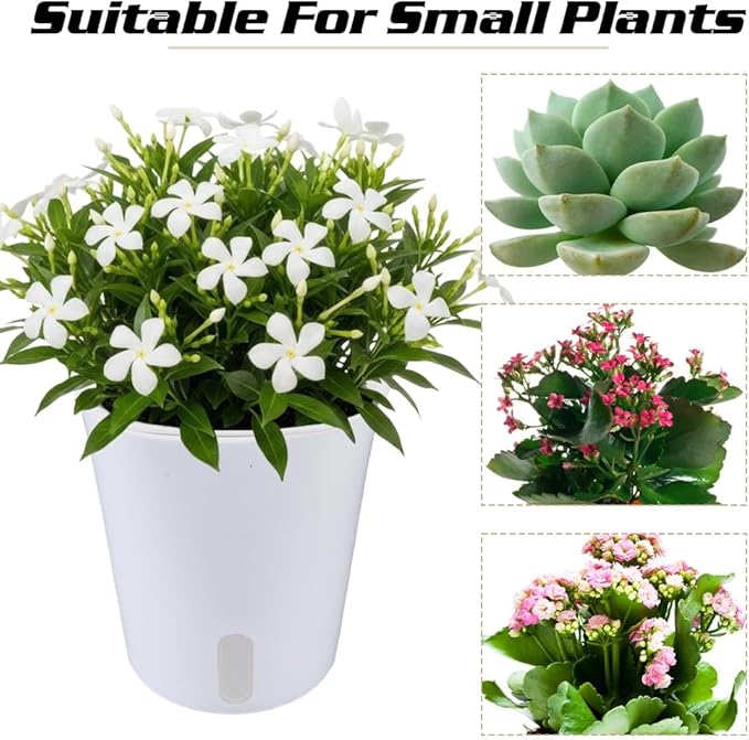 6 Kits Self Watering Pots for Indoor Plants, 4.93inch White Plastic Self Watering Planters for Herbs Succulents, Garden Decorative Flower Pots with Water Visual Window, Water-Absorbing Rope