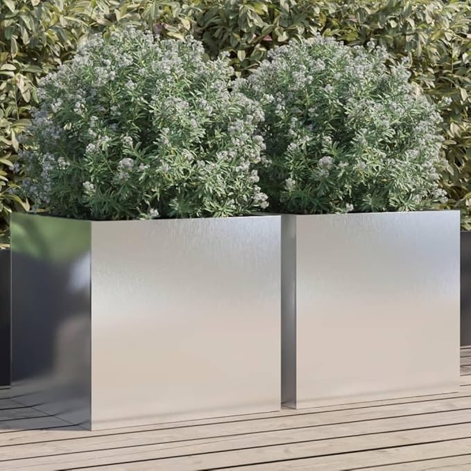 Stainless Steel Rectangular Planter Set of 2 with Polished Finish for Indoor Outdoor Plants Large Decorative Inlays Modern Home Garden Decor