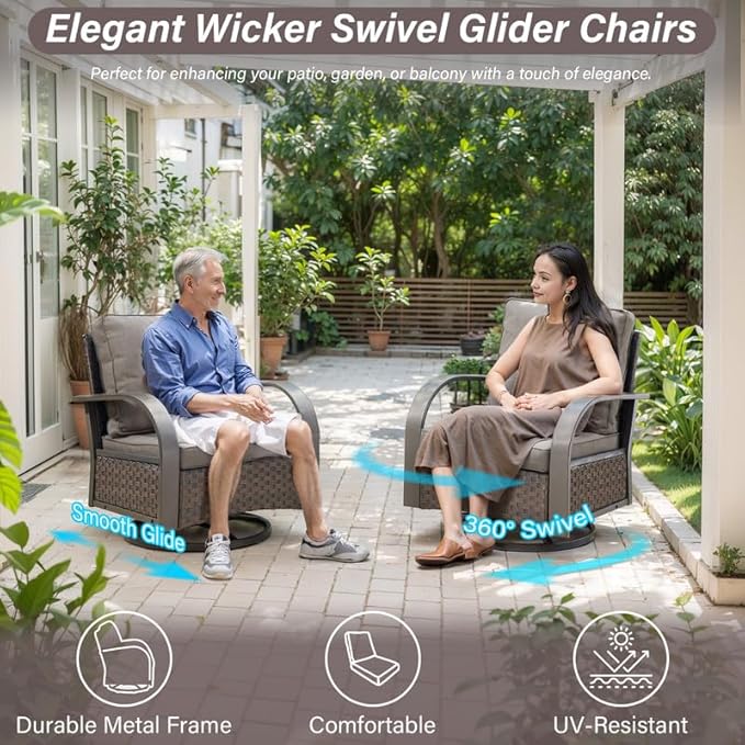 Outdoor Swivel Rocker Patio Chairs Set of 2, Heavy Duty Swivel Rocking Patio Chairs with Wide Metal Armrests, 2 Pieces Patio Furniture Wicker Glider Chairs Set with Removble Cushions for Porch Sunroom