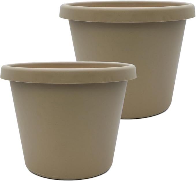 The HC Companies 12 Inch Prima Round Planter Pots with Drainage Holes and Rolled Rim, Lightweight UV-Resistant Plastic Indoor & Outdoor Planters, 2-Pack Flower Pots for Garden & Home Decor, Sandstone