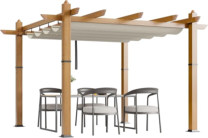 10x10 Ft Outdoor Retractable Pergola with Adjustable Roof Modern Metal Patio Gazebo, Upgraded Faux Wood Grain Aluminum Pergola for Deck, Backyard Gardens, Porches, Grapevines, Beige