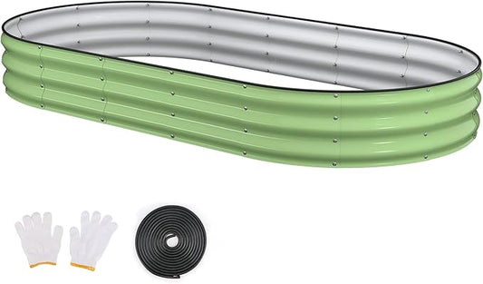 Raised Garden Bed, 8x4x1ft Galvanized Outdoor Planter Beds with Safety Edging and Gloves, Oval Metal Planter Box for Gardening Vegetables Flowers Herb-Green