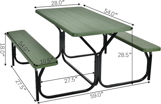 Hysache Picnic Table Bench Set, Patio All Weather Metal Base Camping Table Set w/Wood Texture Tabletop, Steel Frame, Large Camping Picnic Tables for Backyard Poolside Garden Patio Lawn (Green)