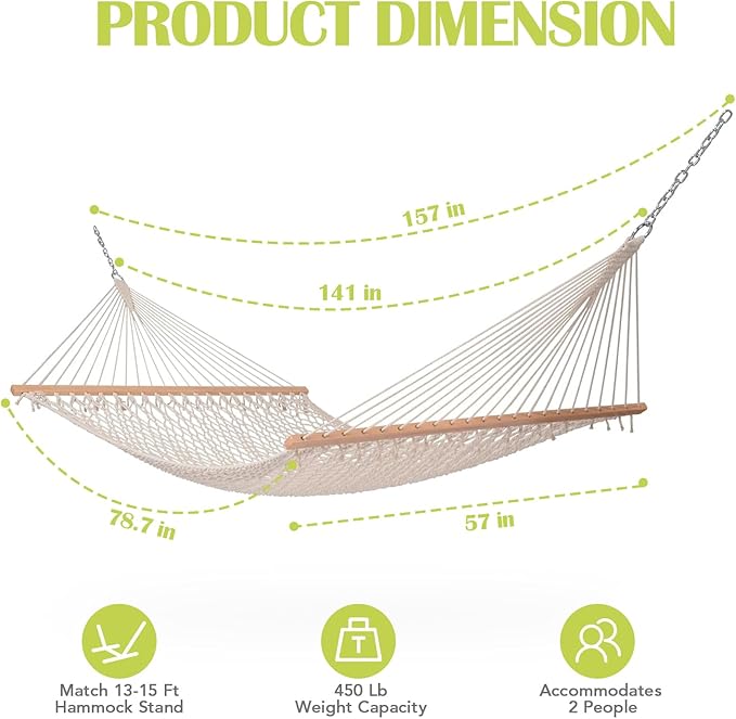 Lazy Daze Hammocks 12FT Double Rope Hammocks, 2 Person Hand Woven Cotton Hammock with Spreader Bar for Outside, Patio, Poolside, FIT 13-15 FT Stand, Max 450 Lbs, Natural, 141 x 57 inches