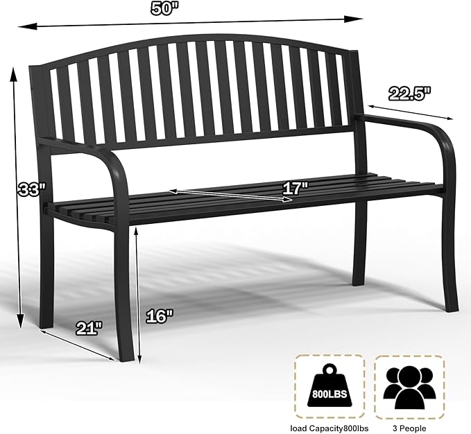 50" Heavy Duty Outdoor Bench, Metal Weatherproof Garden Bench Cast Iron Heavy-Duty Patio Bench with Decorative Backrest for Proch Park 880lb Capacity