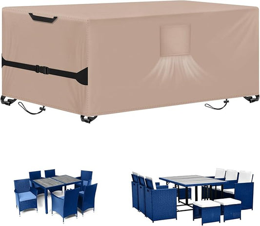Kovshuiwe Rectangular Patio Heavy Duty Table Cover -Garden Furniture Covers for Shade and Rain, 600D Oxford Cloth Waterproof Outdoor Dining Table and Chairs Furniture Cover 64" L x 38" W x28 H,Khaki