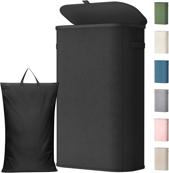 Lifewit Slim Laundry Basket with Lid and Removable Bag, 65L, Black | Collapsible Narrow Laundry Hamper, Skinny Washing Basket with Plastic Frame, Dirty Clothes Organiser for Laundry, RV, Dorm