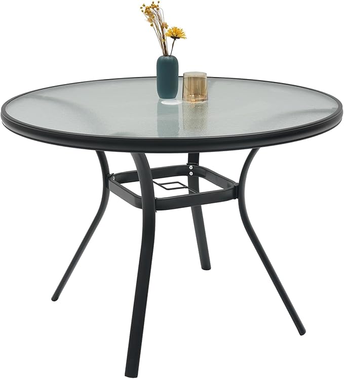 Anmutig 40 inch Outdoor Round Glass Patio Dining Table for 4 Person with Umbrella Hole - Black Frame