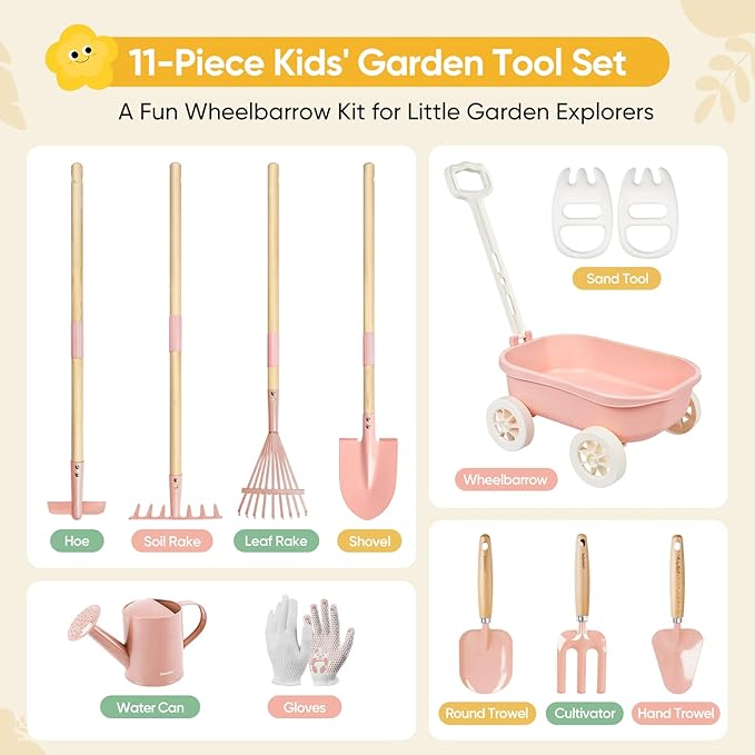 Grenebo Kids Gardening Set with Wheelbarrow, 11-Piece Outdoor Yard, Beach, STEM Garden Play Kit with Child-Sized Tools, Durable, Safe & Fun Gift Toy for Ages 2+ Kids Toddlers Boys Girls (Pink)