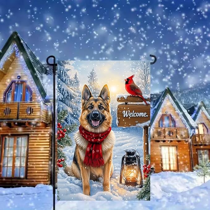 Welcome Winter Garden Flags 12x18 Double Sided, Small Burlap Holiday Snow German Shepherd Dog Garden Flag Winter Christmas Outdoor Yard Decorations Porch Lawn Flags for Outside
