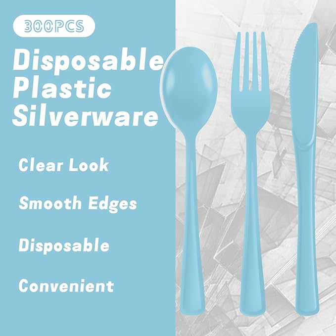 Plastic Silverware 300 PCS Disposable Silverware Heavy Duty Utensil Sets 100 Of Each Forks Knives & Spoons Disposable Cutlery Set For Easter,Birthday,Baby Shower,Garden Party,Wedding(300,Light Blue)