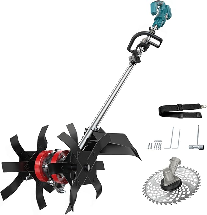 Cordless 2-in-1 Tiller Cultivator & Weed Wacker Compatible with Makita 18V Battery (Tool Only), 500RPM Electric Garden Tiller String Trimmer, 9" Tilling Width 9.4" Depth for Soil Lawn Cultivation