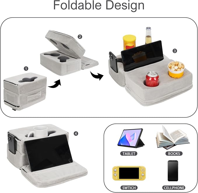 Couch Cup Holder, Large Sofa Organizer Caddy with 6 Holes, Silver | Tray Pillow, Sofa Pillow Drink Tray Organizer with Side Pocket for iPad, Drinks, Remotes, Phones, Snacks, Removable, Washable