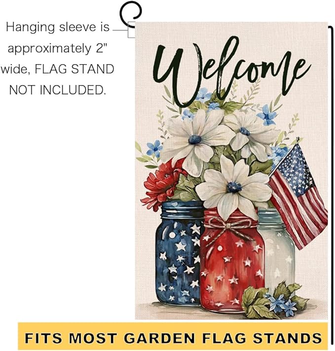 4th of July Floral Garden Flag 12x18 Vertical Double Sided Patriotic Mason Jar Flowers Red Blue Memorial Day Independence Day Holiday Outside Decorations Burlap Yard Flag BW321