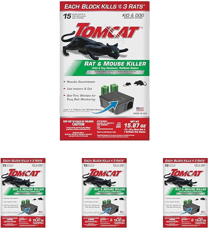 Tomcat Rat & Mouse Killer,Child & Dog Resistant Refillable Station — Tamper-Resistant Indoor/Outdoor Bait Station with Clear Monitoring Window,1-Station and 15 Bait Blocks,(Pack of 4)