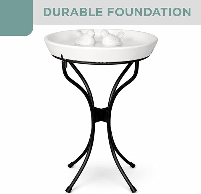 Alpine Corporation VTFAM148A 12" White Ceramic Bird Bath with Decorative Bird Accent & Black Metal Stand – Outdoor Garden Patio Yard Birdbath, 17" Tall Pedestal Base