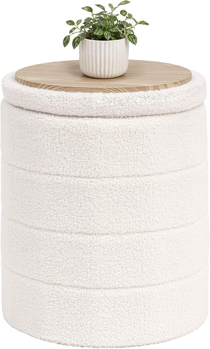 B FSOBEIIALEO Folding Storage Ottoman, Round Sherpa Ottomans, Cream White