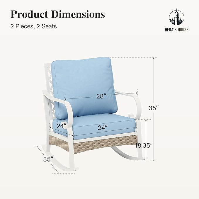 HERA'S HOUSE Outdoor Rocking Chairs Set of 2 with Cushions, High Back Patio Metal Rocker, All Weather Garden Furniture for Lawn, Backyard, Deck, Blue