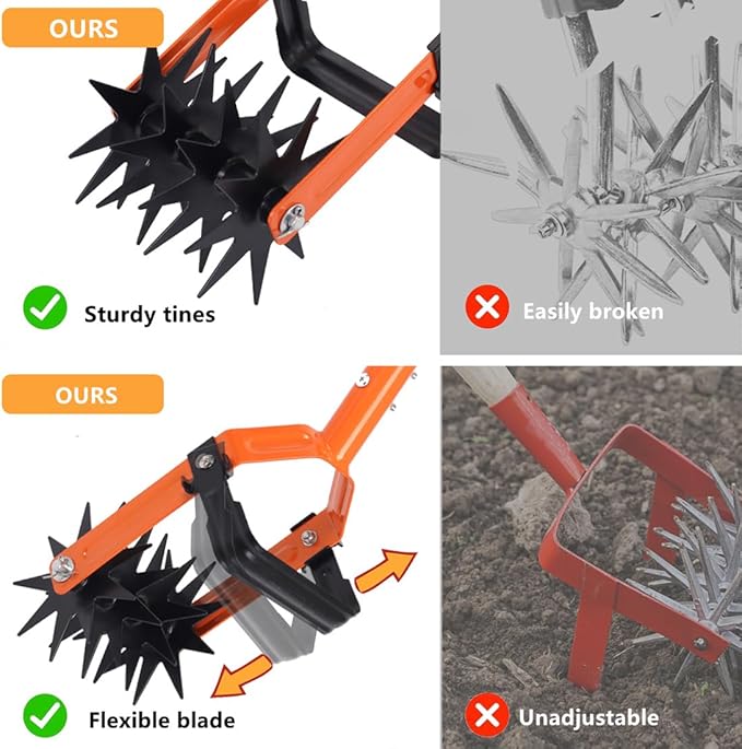 Rotary Cultivator Tool,71 Inch Hand Tiller for Gardening, 2-in-1 Garden Weeding Hoe and Crumbler for Soil Mixing or Reseeding Grass