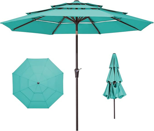 JEAREY 9FT 3 Tier Patio Umbrella Outdoor Market Umbrella Table Umbrellas with 8 Ribs 1.5 Pole Push Button Tilt and Crank UV Protection for Garden,Peacock Blue