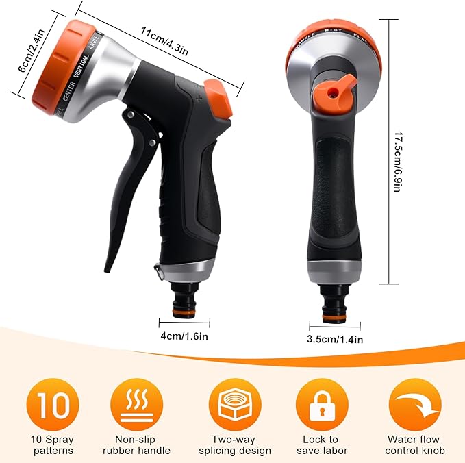 Garden Hose Nozzle,Hose Spray Nozzle with Water Volume Control Valve,High Pressure Water Hose Nozzle Sprayer with Adjustable 10 Patterns for Plants & Lawns Watering,Car Washing and Pet Showering