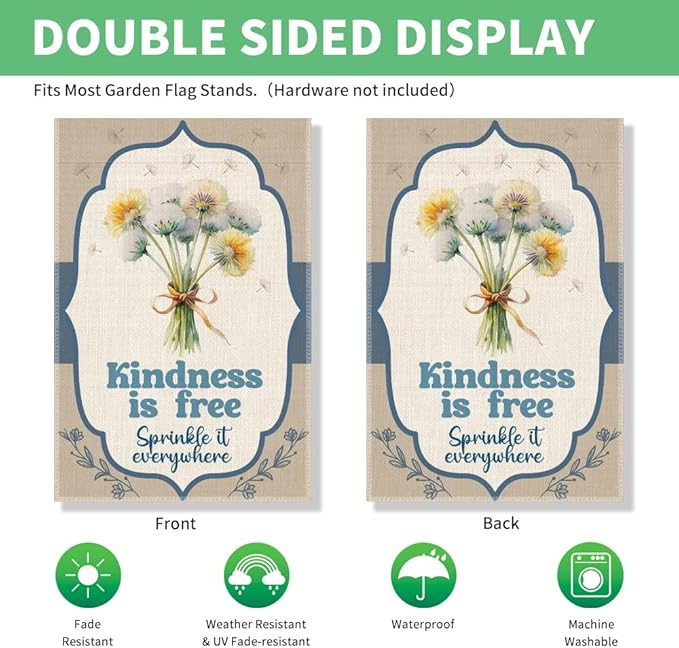 Perfectinsoy Kindness Is Free Sprinkle It Everywhere Garden Flag, Spread Kindness Banner, Motivational Kindness Sign, Dandelion Garden Banner, Welcome Yard Home Holiday Farmhouse Porch Outside Decor