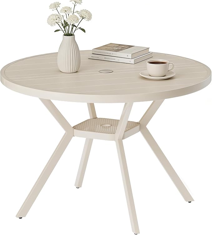 42" Outdoor Patio Table Dining Table, All Weather Metal Round Patio Table with Adjustable Umbrella Hole, Patio Furniture for Lawn Garden Backyard, Sandshell