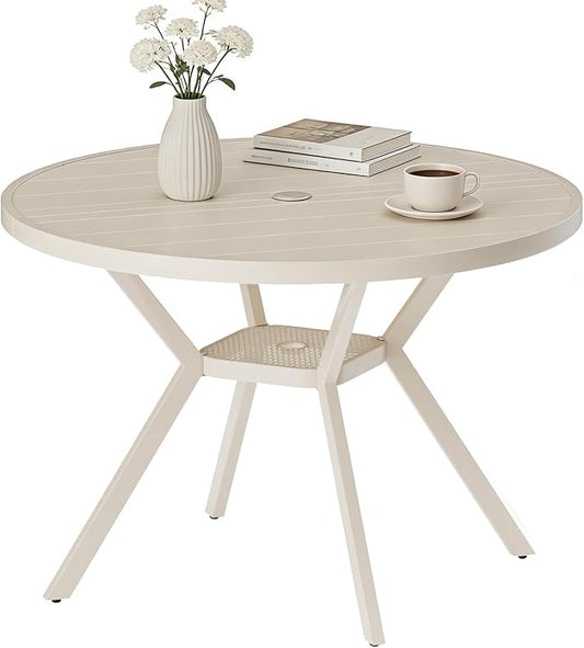 42" Outdoor Patio Table Dining Table, All Weather Metal Round Patio Table with Adjustable Umbrella Hole, Patio Furniture for Lawn Garden Backyard, Sandshell