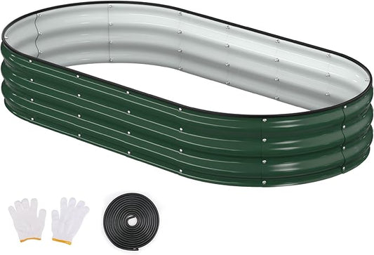 Raised Garden Bed, 6x3x1ft Galvanized Outdoor Planter Beds with Safety Edging and Gloves, Oval Metal Planter Box for Gardening Vegetables Flowers Herb-Deep Green