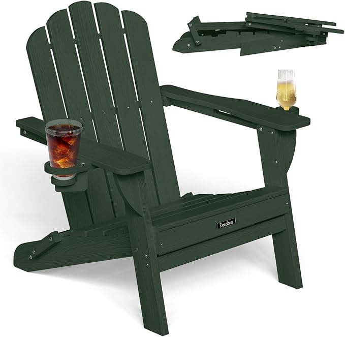 Adirondack Chair, HDPE Material Fire Pit Chairs, Plastic Adirondack Chairs with 2 Cup Holder, Outdoor Lawn Chair for Patio Garden, Green