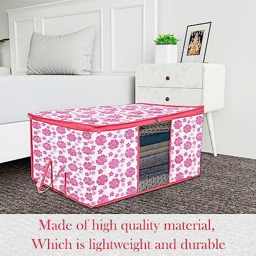 Kuber Industries Underbed Storage Bag | Clothes Storage Organizer | Blanket Cover with Clear Window | Zipper Closure & Handle Cloth Organizer | Flower-Design | Large | Pack of 4 | Pink