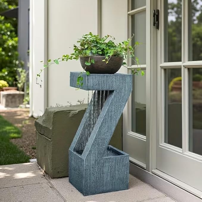32" Modern Z-Shaped Rain Curtain Outdoor Fountain with LED Lights, Gray Resin Cascading Waterfall Water Feature for Patio, Backyard, Garden or Porch