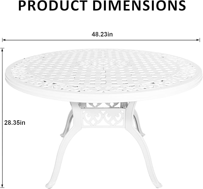 48" Cast Aluminum Outdoor Dining Table,Dining Conversation Side Table, Patio Bistro Table with 2.36" Umbrella Hole for Backyard, Garden, Patio, Porch