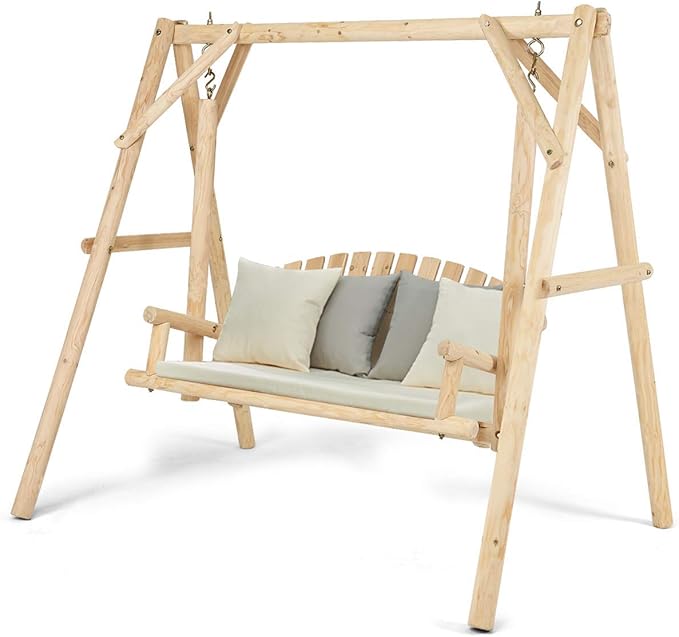 Tangkula A-Frame Wood Log Swing Bench, Outdoor Rustic Curved Back Swing Chair for Patio Garden Yard