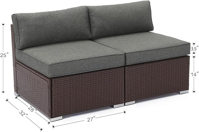 COSIEST 2-Piece Outdoor Furniture Add-on Armless Chairs for Expanding Chocolate Brown Wicker Sectional Sofa Set w Dark Grey Thick Cushions for Garden, Pool, Backyard