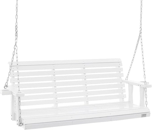 VEVOR Wooden Porch Swing 5.5FT with 2 Side Cup Holders, Heavy Duty 880lbs Patio Swing, Outdoor Swing Hanging Chair, Bench Swing with Adjustable Chains for Front Porch, Yard, Balcony, Garden, White