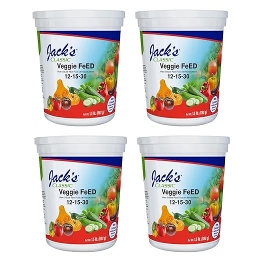 Jack's Classic 12-15-30 Veggie Feed Water-Soluble Fertilizer with Micronutrients, 1.5lbs, 4 Pack - Plant Growth and Abundant Fruit Set in Blooming Vegetable Plants