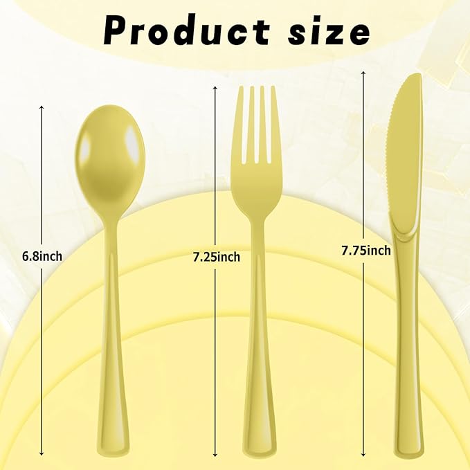 Plastic Silverware 150 PCS Disposable Silverware Heavy Duty Utensil Sets 50 Of Each Forks Knives & Spoons Disposable Cutlery Set For Easter,Birthday,Baby Shower,Garden Party,Wedding(150,Light Yellow)