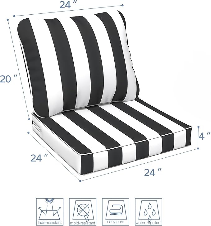 LVTXIII Outdoor Deep Seat Cushion Patio Seat and Back Cushion Set Seasonal Chair Cushion with Removable Cover and Adjustable Buckle for Home and Garden, 24"x24"x4", Cabana Black