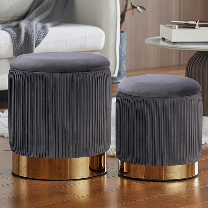 Round Ottoman with Storage Set of 2 Gray Velvet Vanity Stool