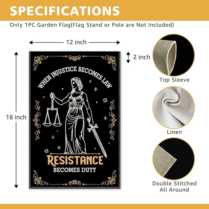 When Injustice Becomes Law Resistance Becomes Duty Garden Flag, Double Sided Yard Outdoor Farmhouse Lawn Porch Decor Banner, Social Justice Equality Sign, Feminist Gifts for Friend Coworker BFF