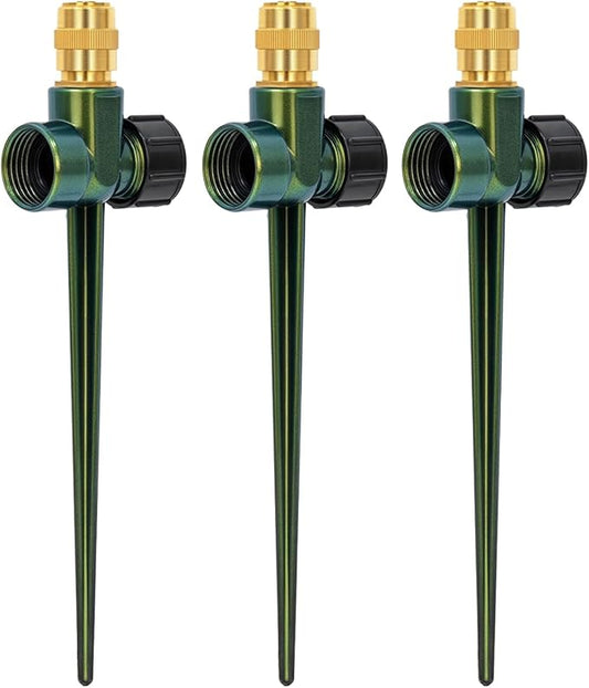 RESTMO 3 Pack Heavy-Duty Full-Metal Lawn Sprinkler for Yard with Durable Brass Nozzle, Premium Spike Base, 360° Large Area Coverage Lawn Sprinkler for Patio and Garden Irrigation